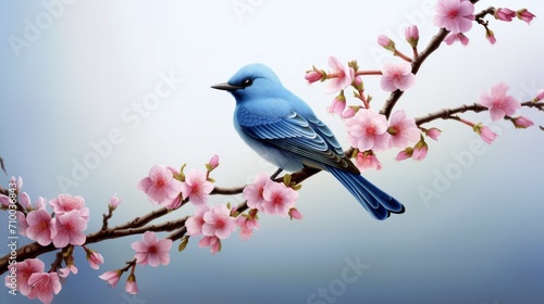 blue bird perching on a branch of flowers, in the style of hyper-realistic animal illustrations, precisionist art, mote kei, neogeo, made of rubber, wimmelbilder, nabis