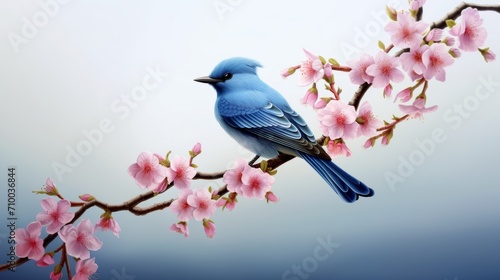 blue bird perching on a branch of flowers, in the style of hyper-realistic animal illustrations, precisionist art, mote kei, neogeo, made of rubber, wimmelbilder, nabis