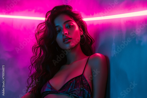 Beautiful young Indian girl looking at camera against neon lights background