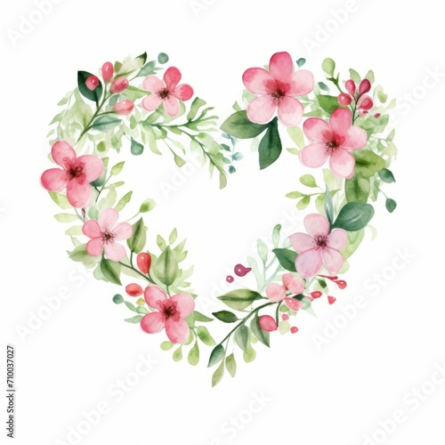 small simple pink and green flowers watercolor Heart Print  Valentines Day  Nursery style  white background  isolated