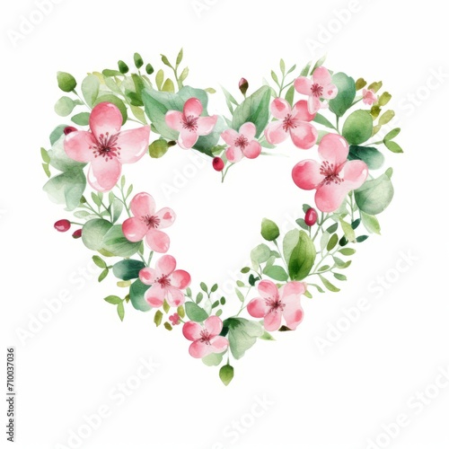 small simple pink and green flowers watercolor Heart Print, Valentines Day, Nursery style, white background, isolated