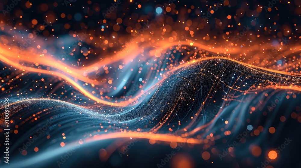 Data visualization, Dark indigo and orange, High-tech background with flowing lines and stars. Generative AI. Data visualization, Dark indigo and orange, High-tech background with flowing lines and stars. Generative AI.