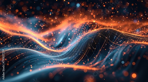 Data visualization, Dark indigo and orange, High-tech background with flowing lines and stars. Generative AI.