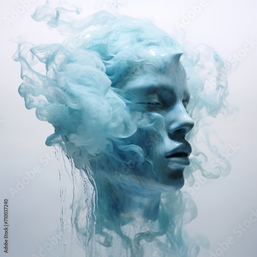 the head of someone with smoke coming out of it, light cyan and azure