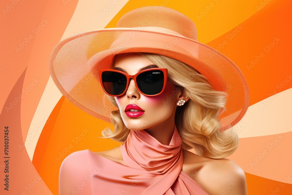 Elegant lady in wide brimmed hat with red lips makeup on orange background. Young and beautiful woman is ready for vacation or party. Retro fashion concept. Banner with copy space. Peach fuzz color Elegant lady in wide brimmed hat with red lips makeup on orange background. Young and beautiful woman is ready for vacation or party. Retro fashion concept. Banner with copy space. Peach fuzz color