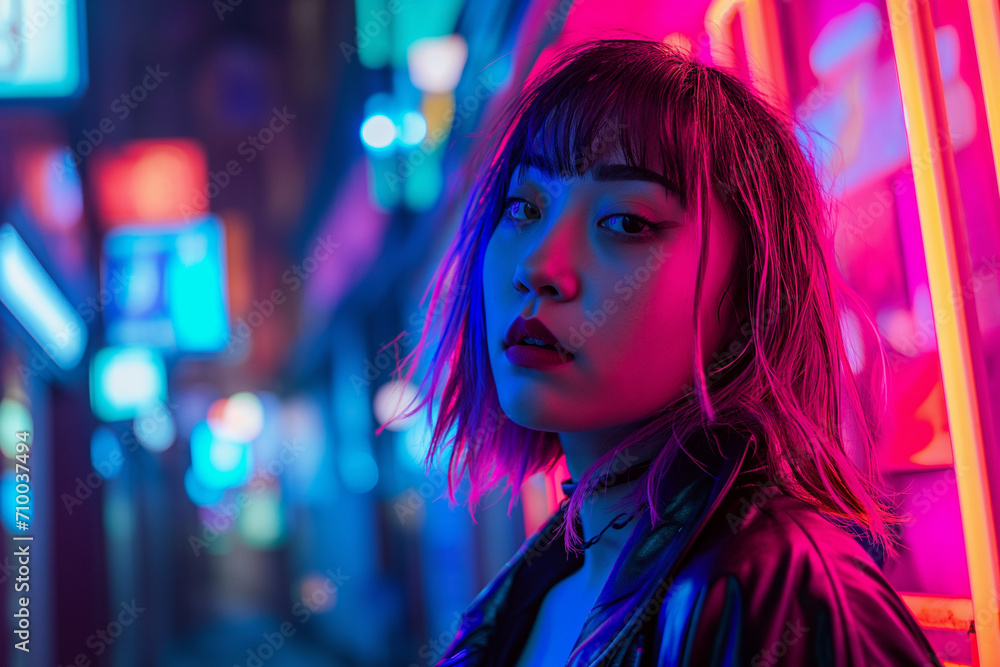 Beautiful young Asian girl with colored hair looking at camera on the street in neon lights Beautiful young Asian girl with colored hair looking at camera on the street in neon lights