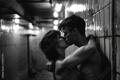 Nostalgic Kiss full of love: A Glimpse into Summer 1990, a Young Woman's Muscular Aesthetic in a Sauna - Rough and Aggressive, Capturing a Loving Kissing Moment Amidst Steamy Sensual Atmosphere