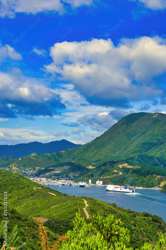View of the town, harbour and surrounding hills of Picton, South Island, New Zealand, from the walking trail over the peninsula The Snout
