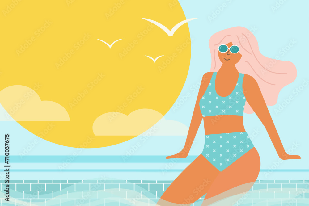 Girl near the pool. Summer rest