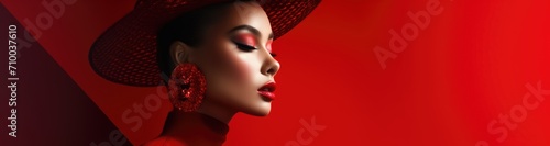 Elegant lady in wide brimmed hat with red lips makeup on burgundy background. Young and beautiful woman is ready for vacation or party. Retro fashion concept. Banner with copy space photo