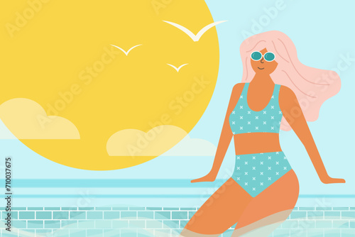 Girl near the pool. Summer rest