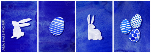 Modern Easter Postcards Set, Watercolor handmade Rabbit Eggs background deep blue and white color