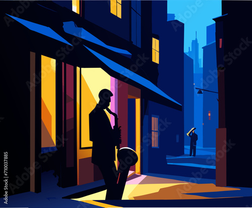 A saxophonist in a jazz alley at night. vektor icon illustation