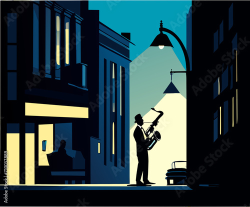 A jazz saxophonist under a city streetlamp. vektor icon illustation