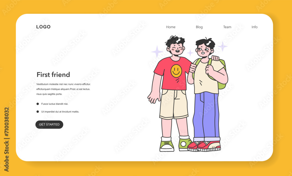 First friend web banner or landing page. School friends standing together. Childhood yeas life milestones. Little boy getting old and gain new experience. Flat vector illustration