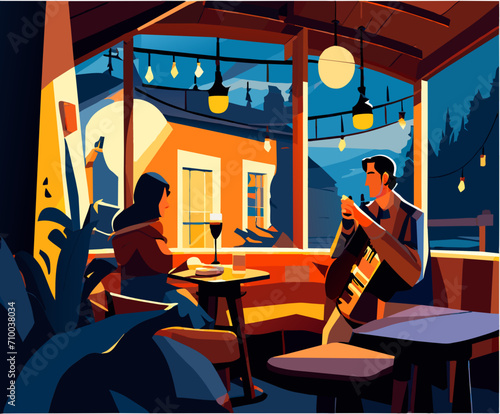 A folk singer in a cozy cafe. vektor icon illustation