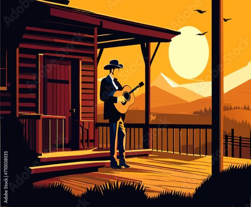 A country singer on a rustic porch. vektor icon illustation