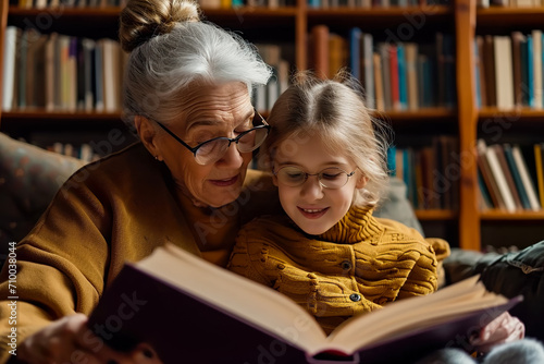 grandmother and her granddaughter reading a book together