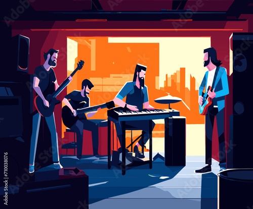 A rock band jamming in a garage. vektor icon illustation