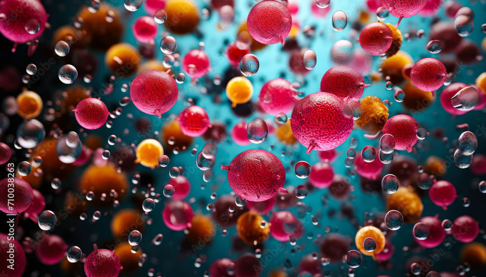 a group of pink, red, and orange different types of water viruses floating on a blue background. a group of pink, red, and orange different types of water viruses floating on a blue background.