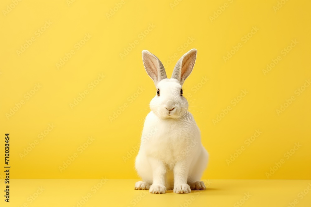 Easter white fluffy rabbit sits on a yellow background