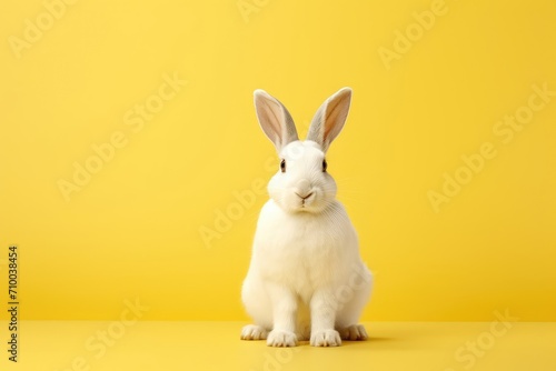 Easter white fluffy rabbit sits on a yellow background © Yliya