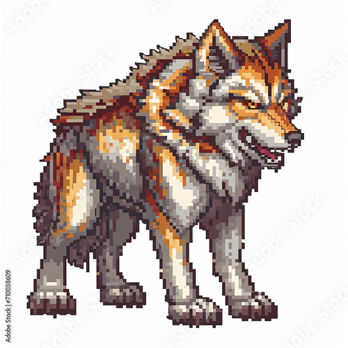 Pixelated art design of a ferocious mild red winter wolf on a white background
