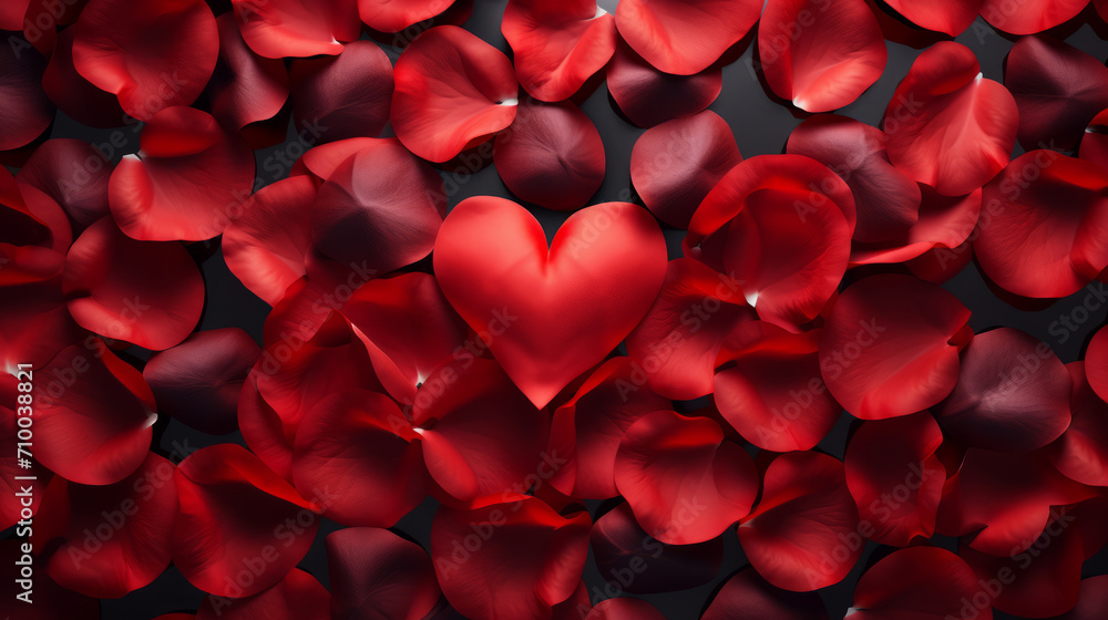 Red rose petals in heart shape background, Valentine's wallpaper concept, top view