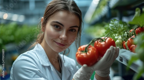 Woman scientist holding tomato in a lab. Generative AI.