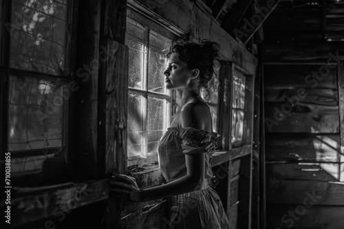 Heatwave of Desire: A Vintage Black & White Photo Captures the Bold and Aggressive Aura of a Muscular Sensual Aesthetic Young Woman in a Summer Sauna.