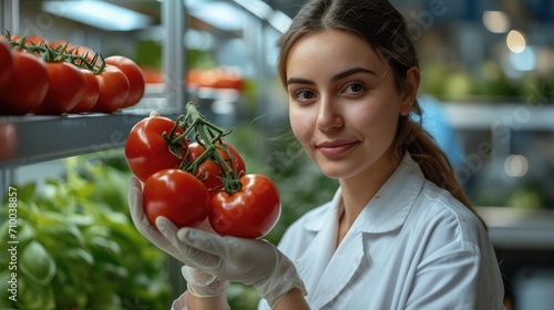 Woman scientist holding tomato in a lab. Generative AI.
