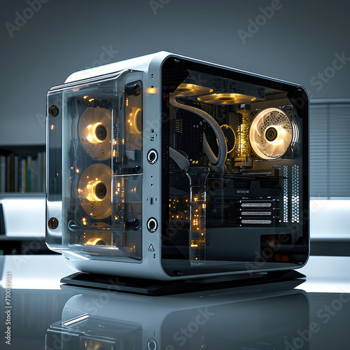 New unique cube shape and style of water cooled gaming PC, Stealthbox, Black gloss windowed, LCD screen. Generative AI.