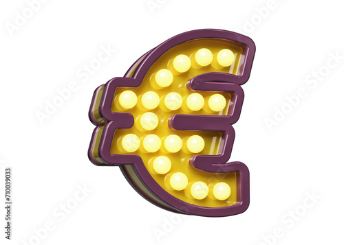 Light bulb box in the shape of Euro symbol in violet and yellow. High quality 3D rendering.