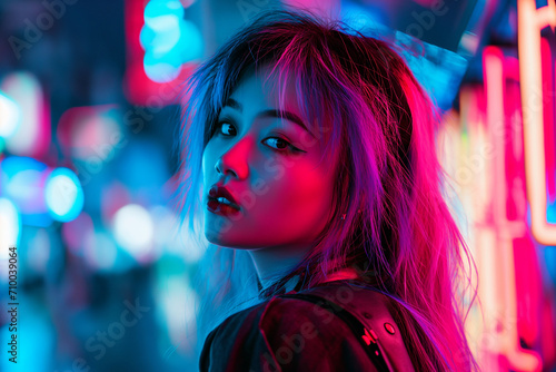 Beautiful young Asian girl with colored hair looking at camera on the street in neon lights © Darya Lavinskaya