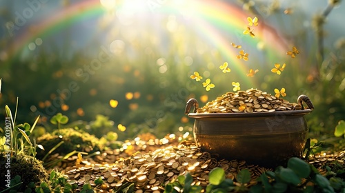 A pot of gold at the end of a rainbow on a green background. Generative AI.