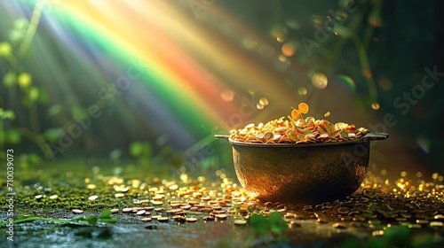 A pot of gold at the end of a rainbow on a green background. Generative AI.