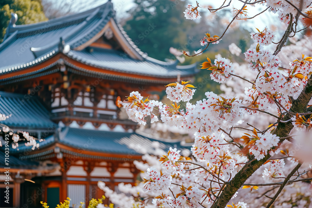 Japanese temple with a cherry blossom tree in the foreground Japanese temple with a cherry blossom tree in the foreground