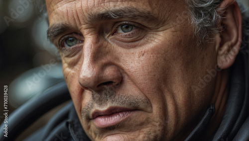 Close-up of the face of a man on his 60s, looking away. His face can show melancholy, sadness or dreaminess, but also determination or thought. Concept of psychology or mental treatments.