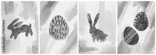 Cute Easter Postcards Set, Watercolor handmade Rabbit Eggs background black and white photo
