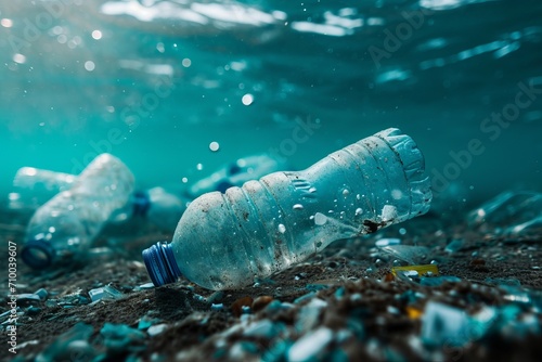 Plastic waste and bottles garbage undersea or in the ocean photo