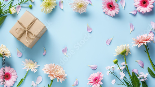 Gift Box Surrounded by Spring Flowers on Blue Background