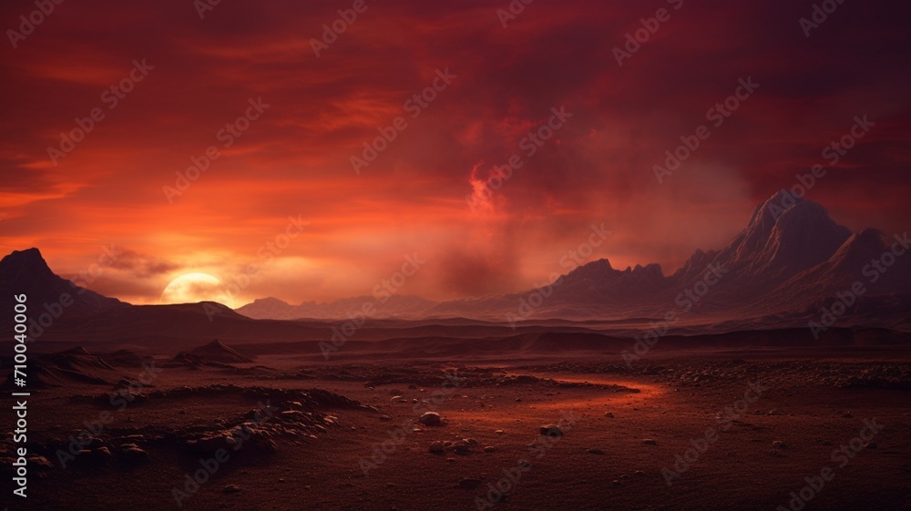 The Enigmatic and Menacing Beauty of a Desolate Landscape Bathed in the Crimson Glow of the Setting Sun - AI Generative