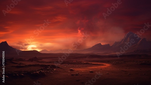 The Enigmatic and Menacing Beauty of a Desolate Landscape Bathed in the Crimson Glow of the Setting Sun - AI Generative