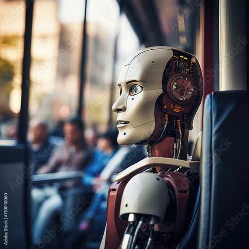 a robot sitting in a city bus, highlighting the diverse group of humans behind, capturing a moment of technological integration and human connection 