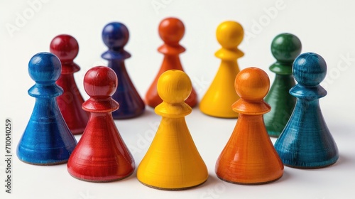 Group of colored pawns for board games arranged in a circle. Generative AI.