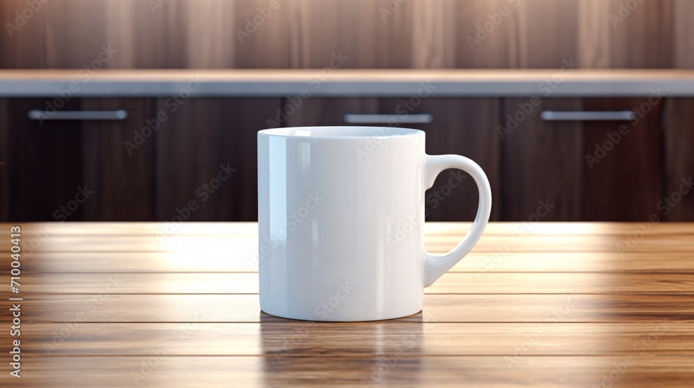 white mug on a wooden dining table, cleancore white mug on a wooden dining table, cleancore