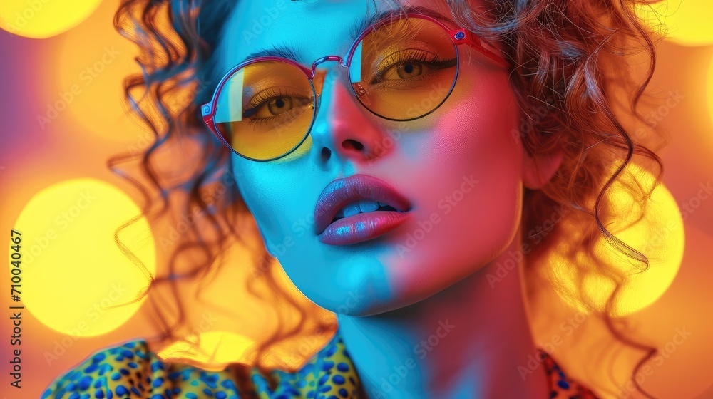 Woman in sunglasses, Fashion retro young woman on background with circle pop art background. Generative AI.