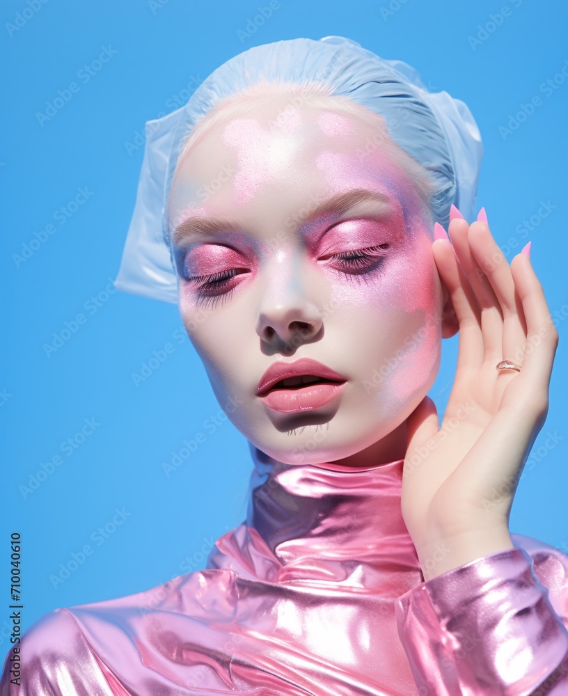 young female model dressed in pink face makeup with pink glove and silver makeup, light sky-blue and indigo
