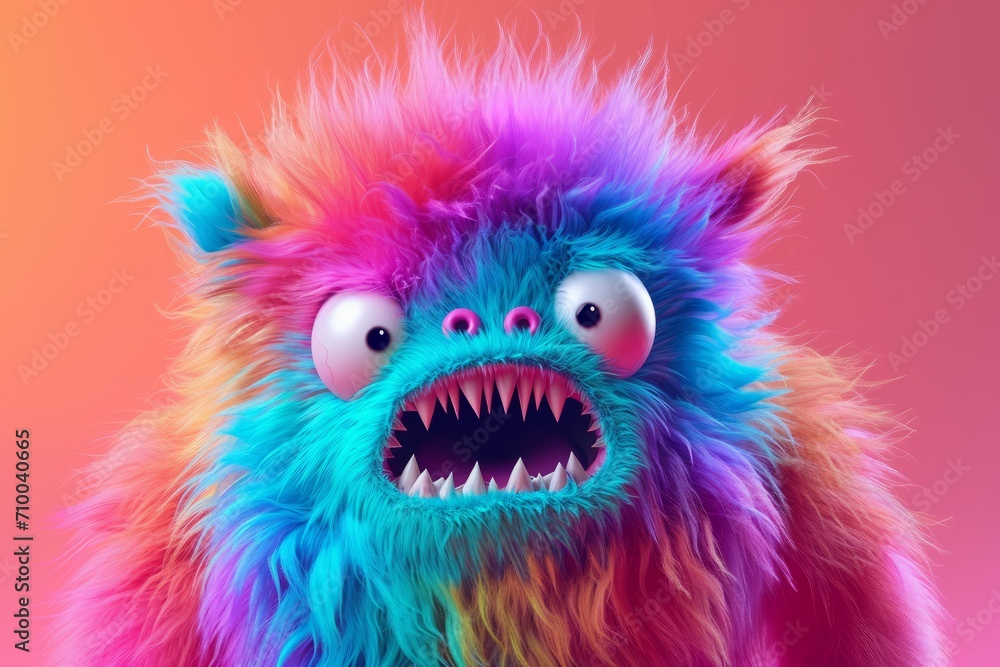Fototapeta premium Cute multicolored furry monster 3D cartoon character.