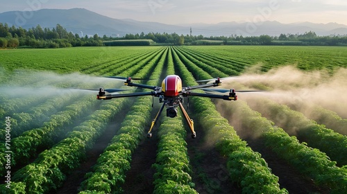 An agricultural drone from above working over field, Fumigating spreading steam, Top view. Generative AI.